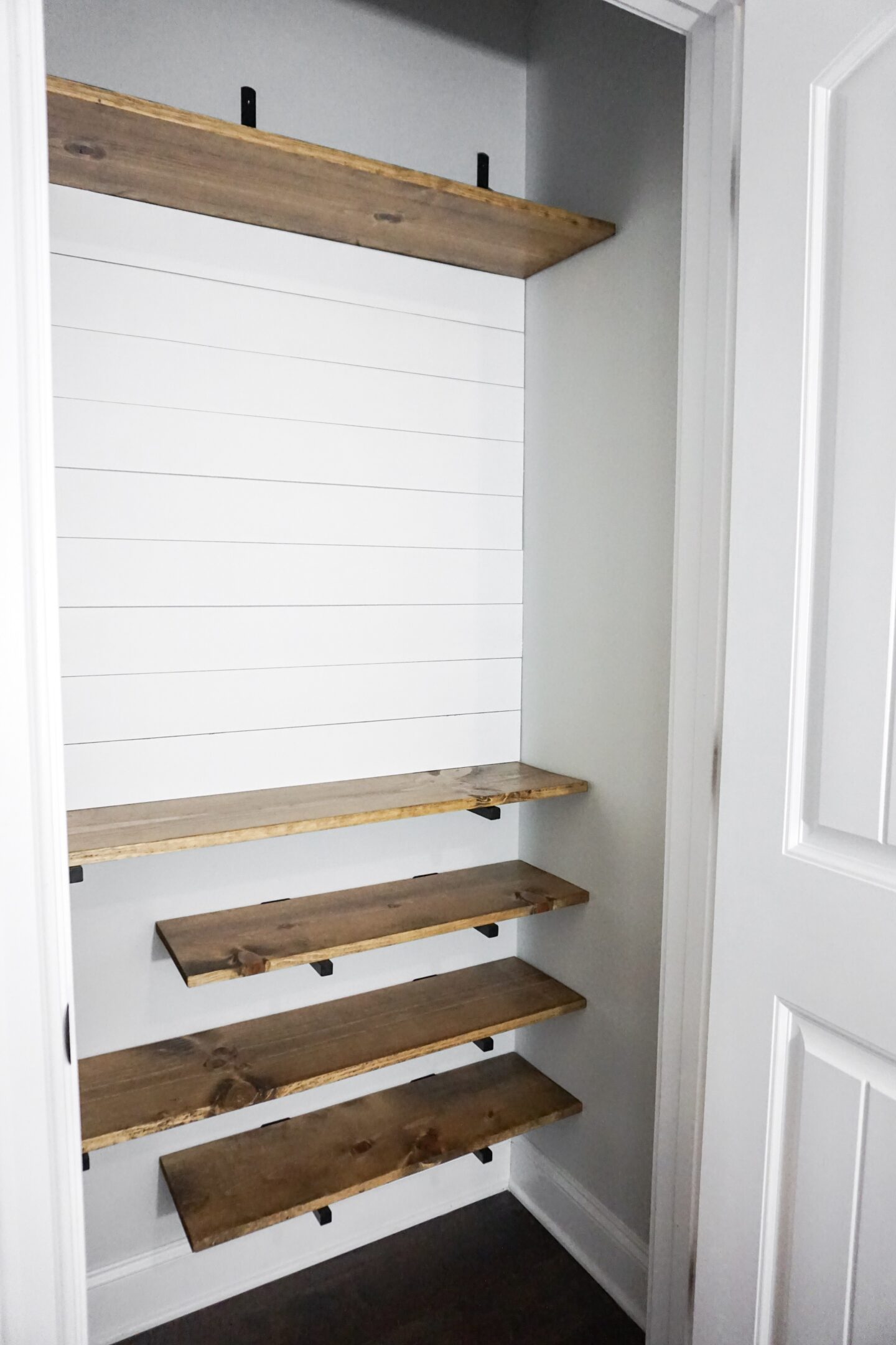 DIY Coat Closet Makeover Before & After, pinterest, pin it, coat closet, before and after, diy project, diy shiplap, shiplap, faux shiplap, farmhouse style, farmhouse decor, farmhouse, home decor inspiration, home decor, organization, diy shelves, country crock, umbrella crock, hunter boots, floating shelves, lily jade, lily jade elizabeth, shoe closet, hall closet, custom made, custom, pipe rod, rustic, modern farmhouse, industrial farmhouse, kateschwanke