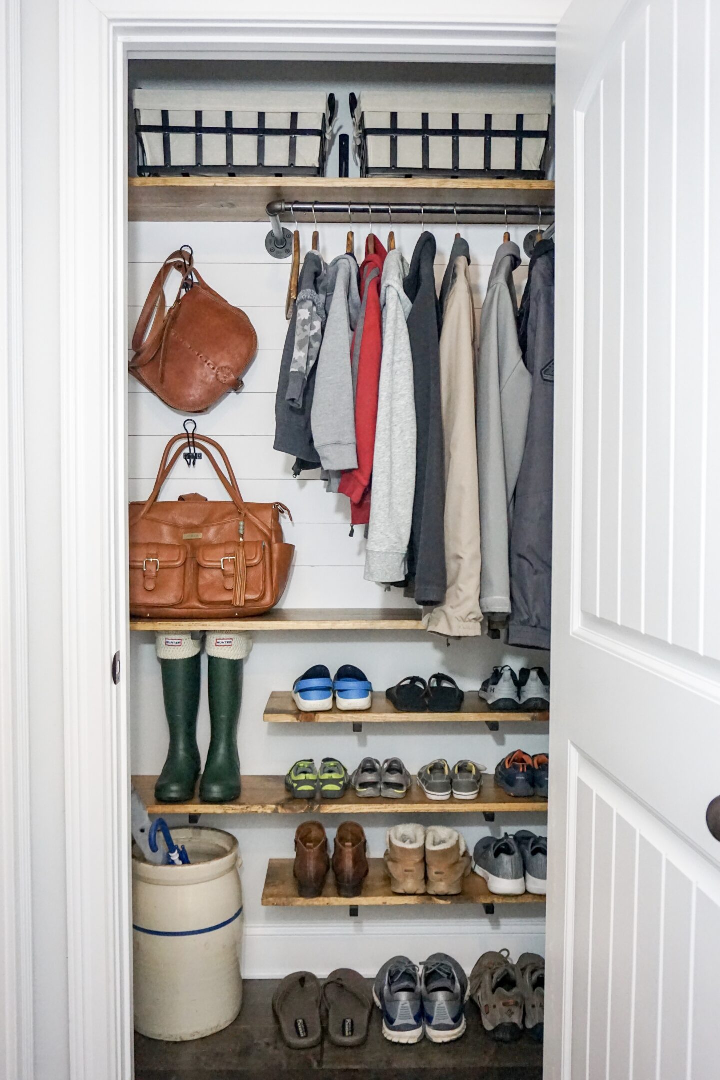 DIY Coat Closet Makeover Before & After, pinterest, pin it, coat closet, before and after, diy project, diy shiplap, shiplap, faux shiplap, farmhouse style, farmhouse decor, farmhouse, home decor inspiration, home decor, organization, diy shelves, country crock, umbrella crock, hunter boots, floating shelves, lily jade, lily jade elizabeth, shoe closet, hall closet, custom made, custom, pipe rod, rustic, modern farmhouse, industrial farmhouse, kateschwanke, kate schwanke