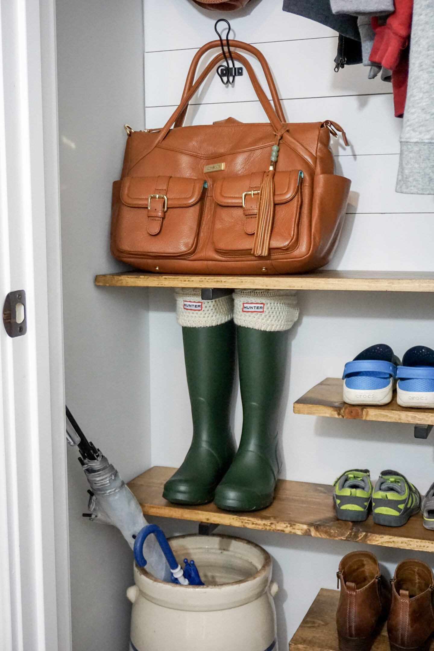 DIY Coat Closet Makeover Before & After, pinterest, pin it, coat closet, before and after, diy project, diy shiplap, shiplap, faux shiplap, farmhouse style, farmhouse decor, farmhouse, home decor inspiration, home decor, organization, diy shelves, country crock, umbrella crock, hunter boots, floating shelves, lily jade, lily jade elizabeth, kateschwanke, kate schwanke