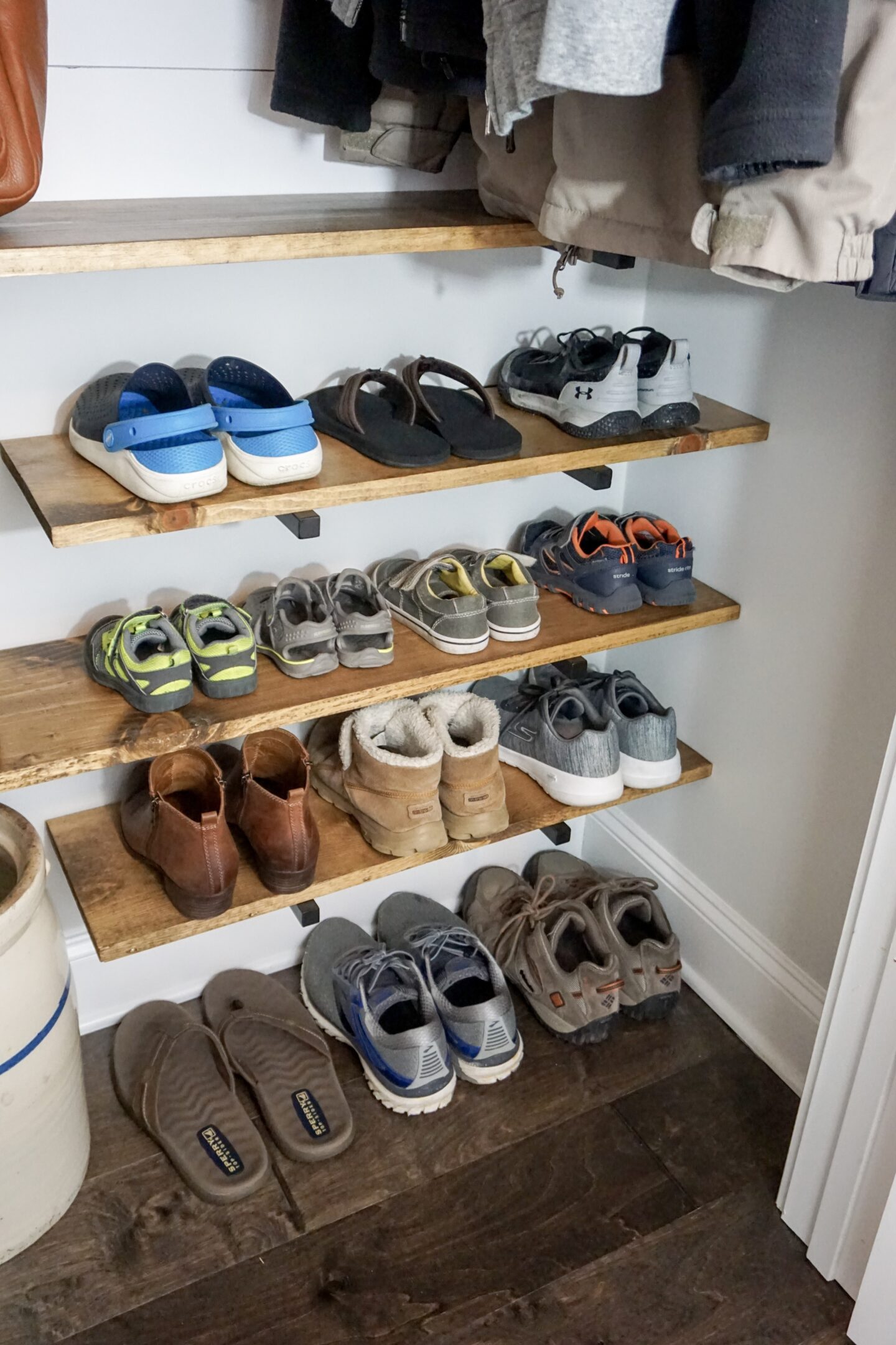 DIY Coat Closet Makeover Before & After, pinterest, pin it, coat closet, before and after, diy project, diy shiplap, shiplap, faux shiplap, farmhouse style, farmhouse decor, farmhouse, home decor inspiration, home decor, organization, diy shelves, country crock, umbrella crock, hunter boots, floating shelves, lily jade, lily jade elizabeth, shoe closet, hall closet, kateschwanke, kate schwanke