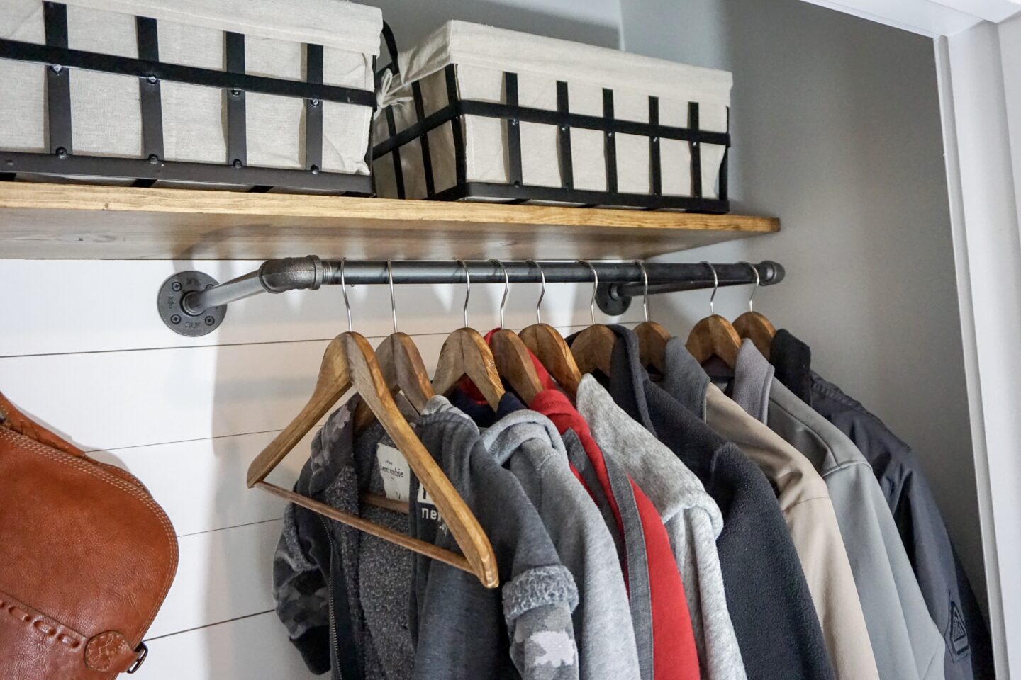 DIY Coat Closet Makeover Before & After, pinterest, pin it, coat closet, before and after, diy project, diy shiplap, shiplap, faux shiplap, farmhouse style, farmhouse decor, farmhouse, home decor inspiration, home decor, organization, diy shelves, country crock, umbrella crock, hunter boots, floating shelves, lily jade, lily jade elizabeth, shoe closet, hall closet, custom made, custom, pipe rod, rustic, modern farmhouse, industrial farmhouse, kateschwanke. kate schwanke