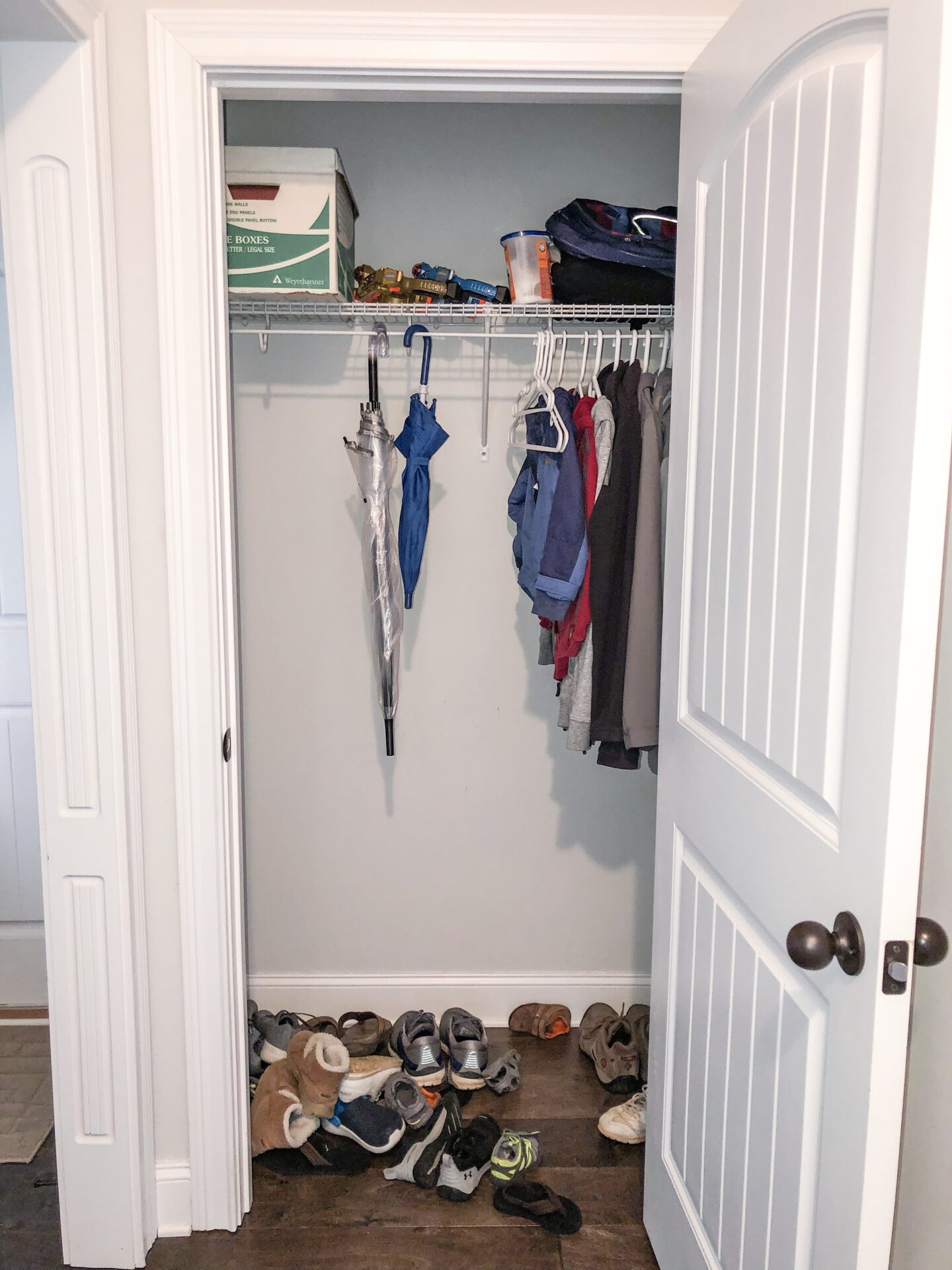 DIY Coat Closet Makeover Before & After, pinterest, pin it, coat closet, before and after, diy project, diy shiplap, shiplap, faux shiplap, farmhouse style, farmhouse decor, farmhouse, home decor inspiration, home decor, organization, diy shelves, country crock, umbrella crock, hunter boots, floating shelves, lily jade, lily jade elizabeth, shoe closet, hall closet, custom made, custom, pipe rod, rustic, modern farmhouse, industrial farmhouse, kateschwanke