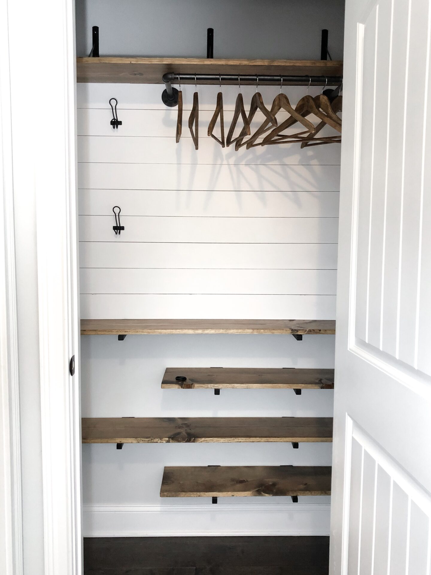 DIY Coat Closet Makeover Before & After, pinterest, pin it, coat closet, before and after, diy project, diy shiplap, shiplap, faux shiplap, farmhouse style, farmhouse decor, farmhouse, home decor inspiration, home decor, organization, diy shelves, country crock, umbrella crock, hunter boots, floating shelves, lily jade, lily jade elizabeth, shoe closet, hall closet, custom made, custom, pipe rod, rustic, modern farmhouse, industrial farmhouse, kateschwanke, kate schwanke