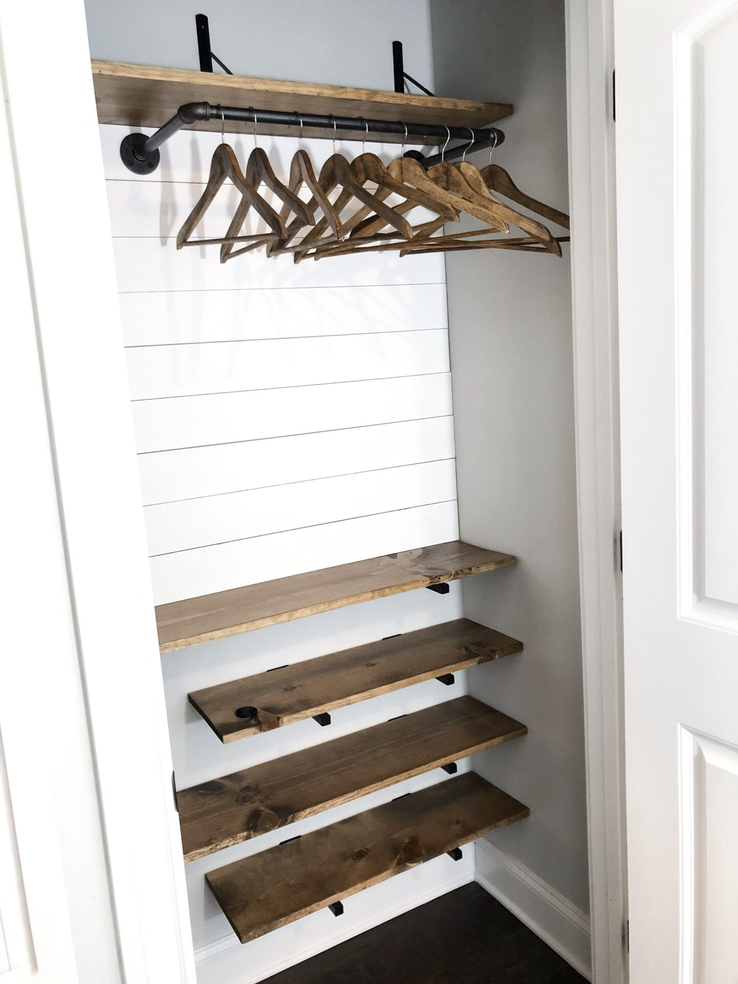 DIY Coat Closet Makeover Before & After, pinterest, pin it, coat closet, before and after, diy project, diy shiplap, shiplap, faux shiplap, farmhouse style, farmhouse decor, farmhouse, home decor inspiration, home decor, organization, diy shelves, country crock, umbrella crock, hunter boots, floating shelves, lily jade, lily jade elizabeth, shoe closet, hall closet, custom made, custom, pipe rod, rustic, modern farmhouse, industrial farmhouse, kate schwanke. kateschwanke