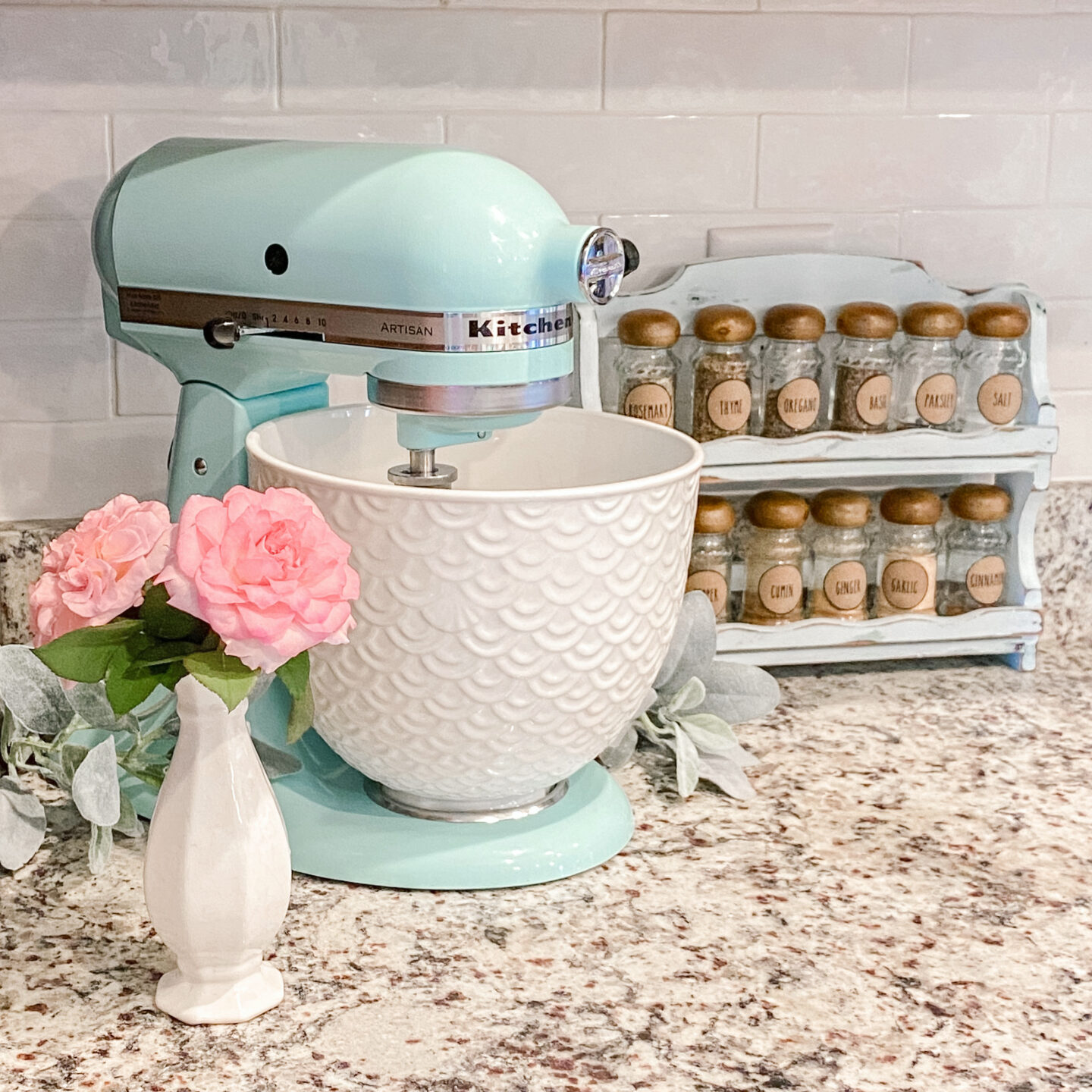 KitchenAid Artisan 5 qt Stand Mixer with the Mermaid Lace ceramic bowl.