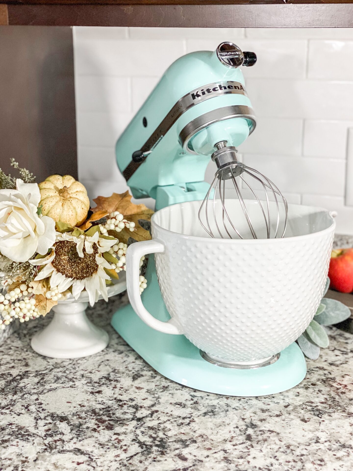 KitchenAid Hobnail ceramic bowl with the Ice Blue Artisan 5 qt Stand Mixer.