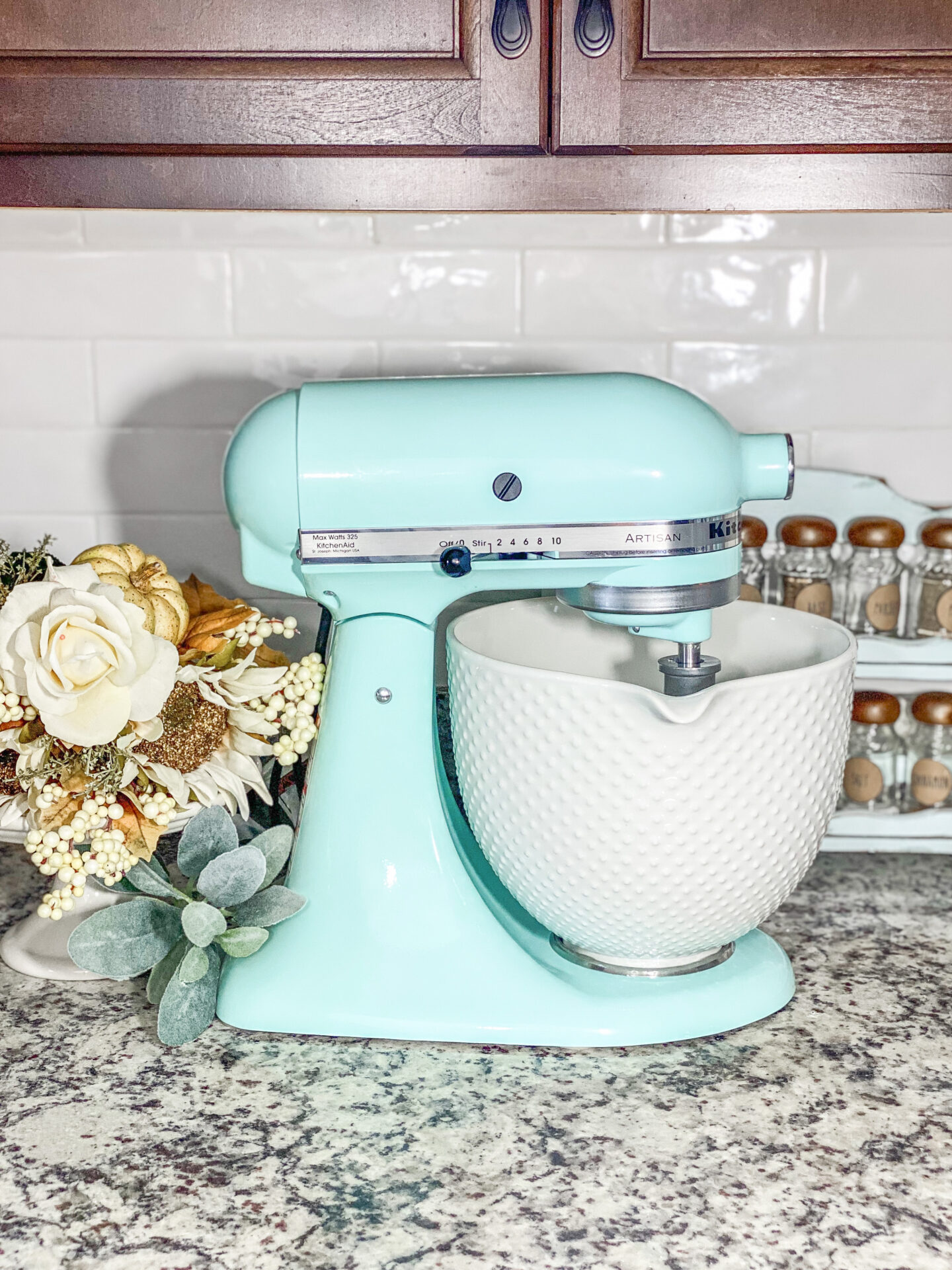 Gorgeous Ice Blue KitchenAid Artisan Stand Mixer with the Hobnail Bowl.