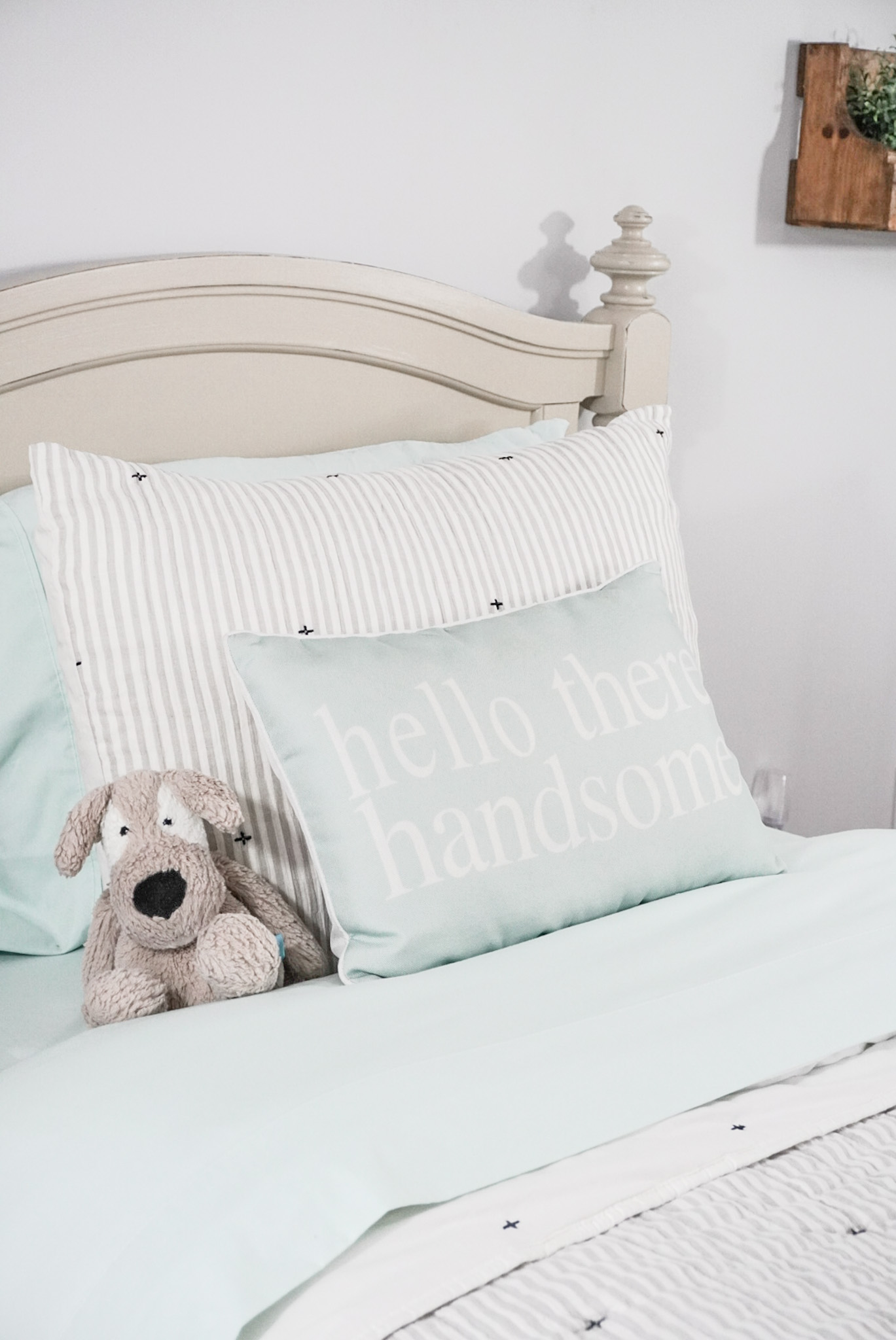 mint sheets, ticking stripe comforter set