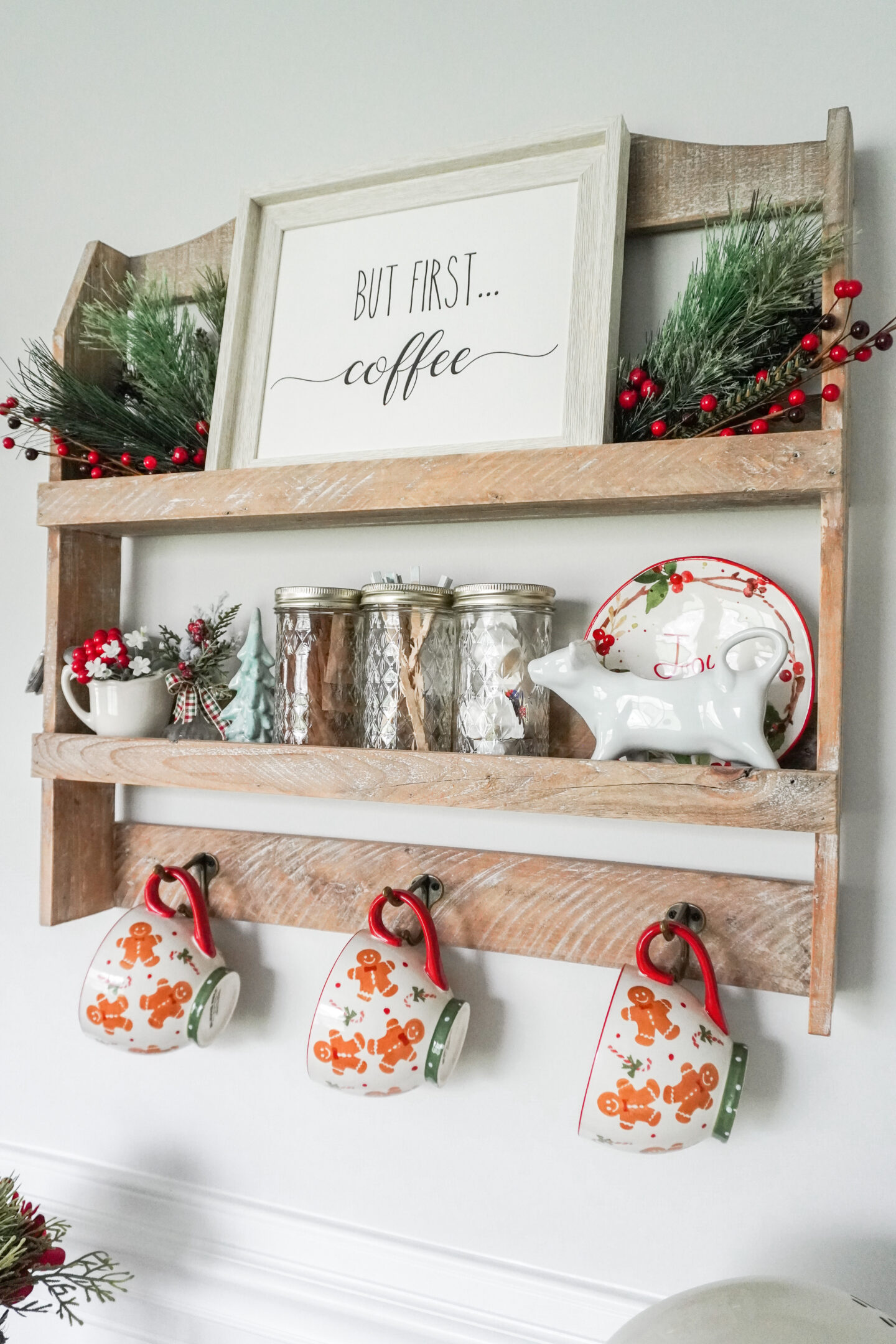 coffee bar shelf, full of christmas decor